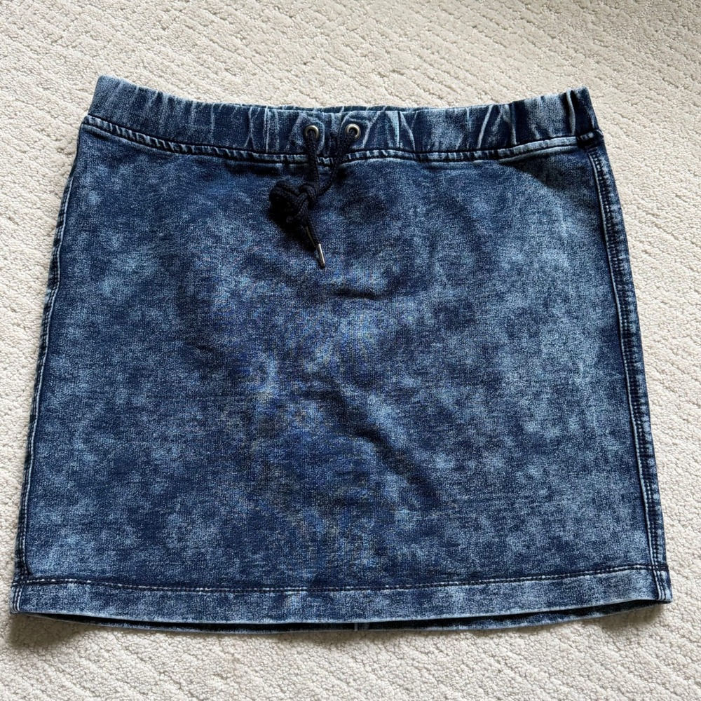 Bongo Women‎ Blue Acid Wash Denim Look Mini Skirt Elastic Waist Drawstring Large